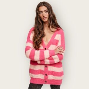 Talulah Striped Fuzzy Cardigan Sweater Pockets Pink Women’s Size Large